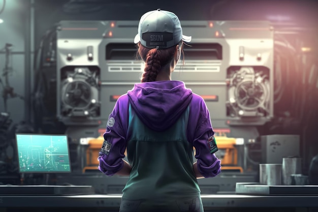 A girl standing at a factory with a view from the back Generative AI