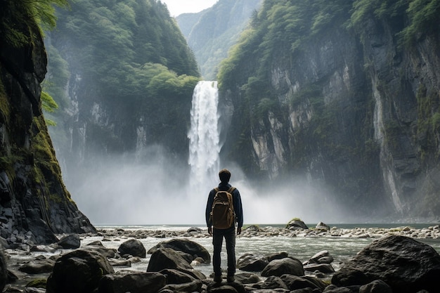 A girl standing in front of waterfall background