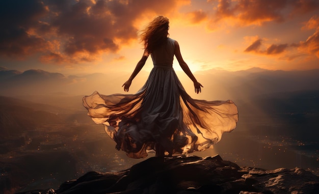 A girl standing on a mountain top A woman in a long dress standing on top of a mountain