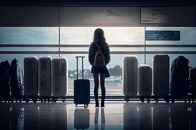 Girl standing near airport with suitcases for traveling