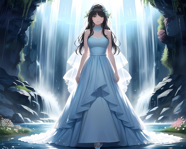 girl standing near a magical waterfall her presence seeming otherworldly Ai generated