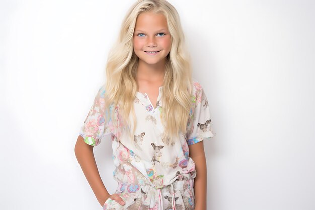 Photo girl standing in pajamas with a pillow white background