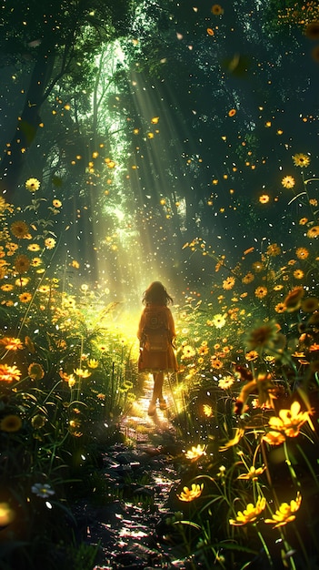 a girl standing in a tunnel of flowers with the sun shining through the water