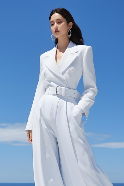 girl standing in white suit