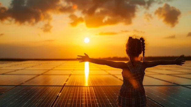 Girl standing with her arms outstretched in front of a solar panel field at sunset