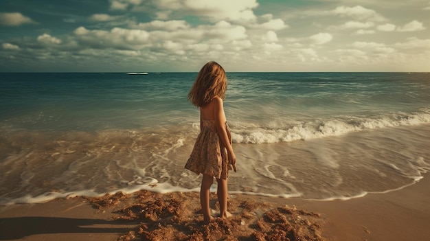 A girl stands on a beach looking out to the ocean