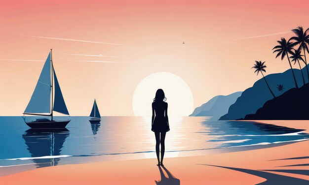 The girl stands on the beach and looks at the sailboat