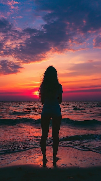 a girl stands on the beach at sunset