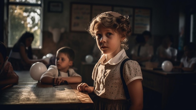 A girl stands in a classroom with a man sitting at the table.