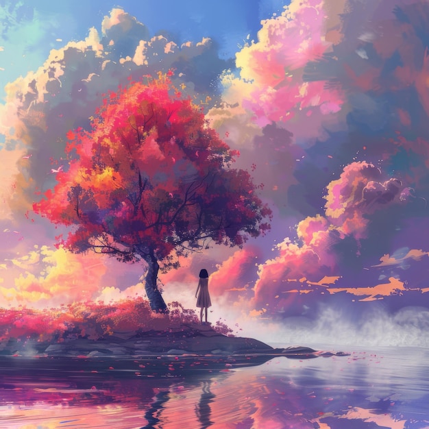 A girl stands under the colorful tree surrounded by clouds and sea water