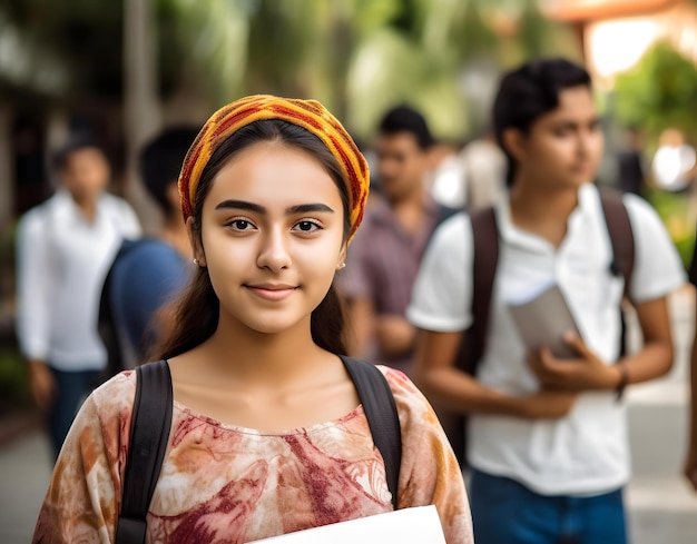 A girl stands in a crowd of students