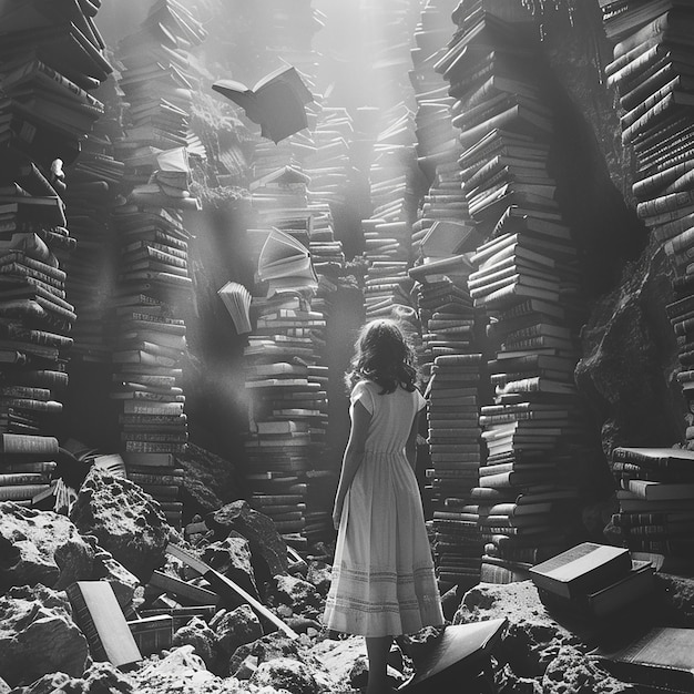 Photo a girl stands in a dark room with books and books