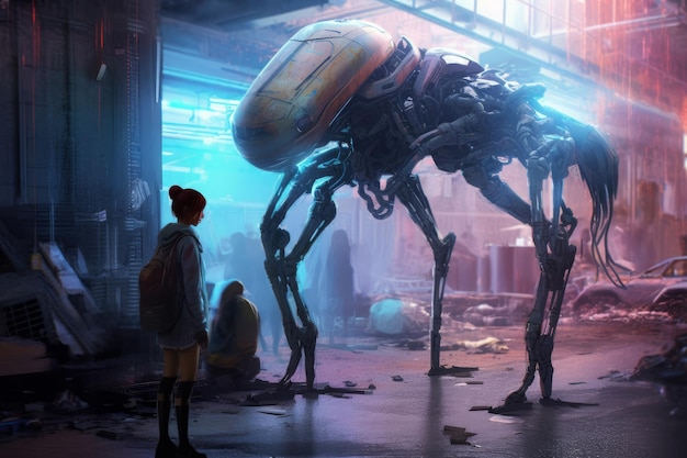 A girl stands in a dark room with a giant robot in the background.