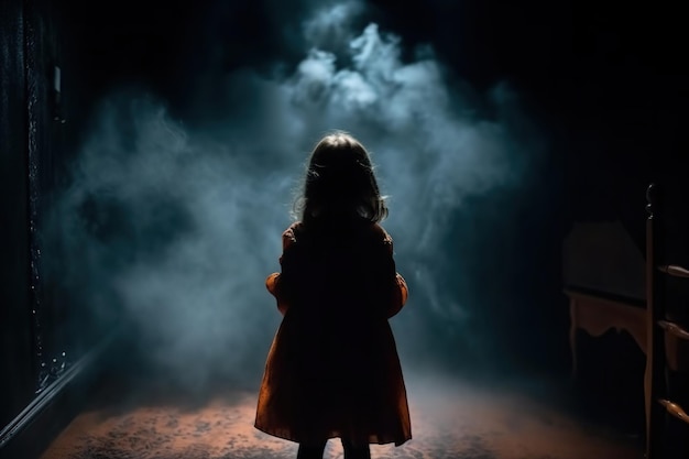 A girl stands in a dark room with smoke coming out of her face.