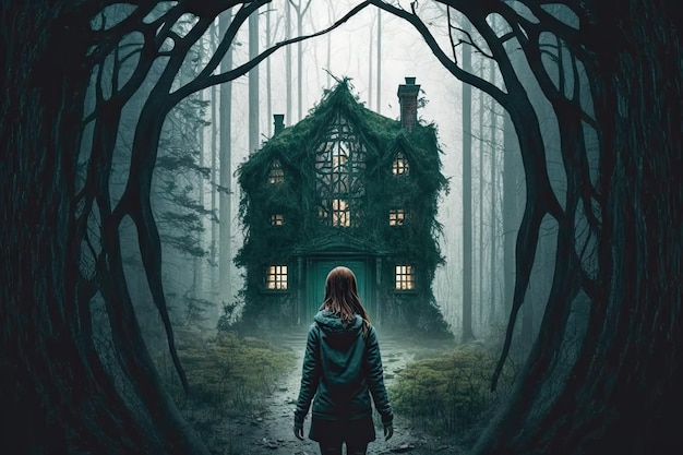 Girl stands deep in scary forest and stops at horror house