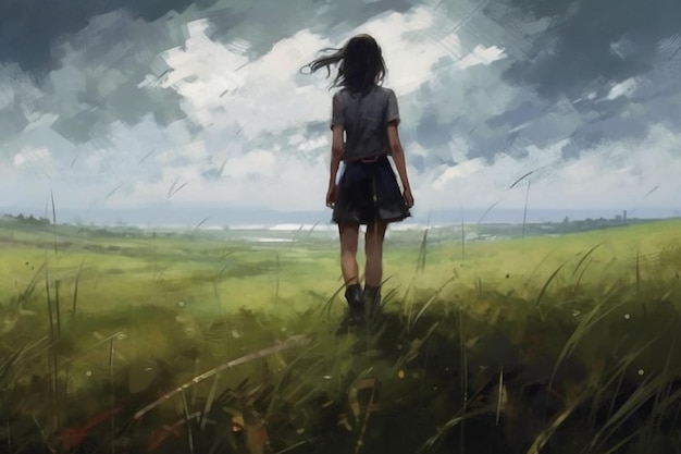 a girl stands in a field of grass with a cloudy sky in the background.