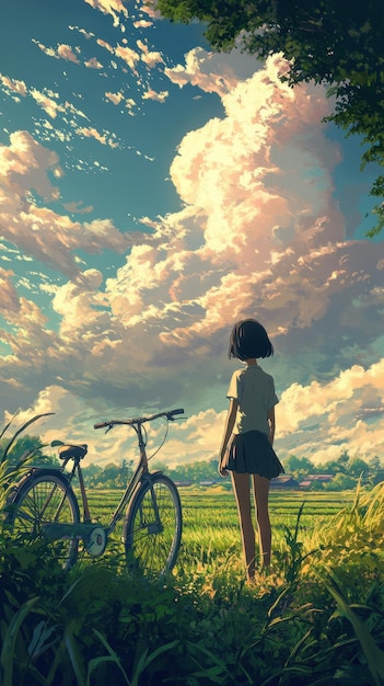 a girl stands in a field with a bike and the sky in the background