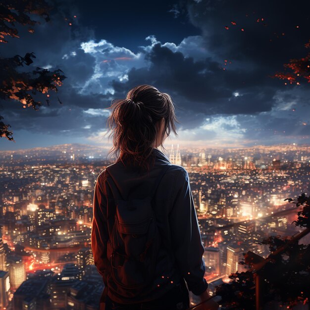 A girl stands in front of a cityscape