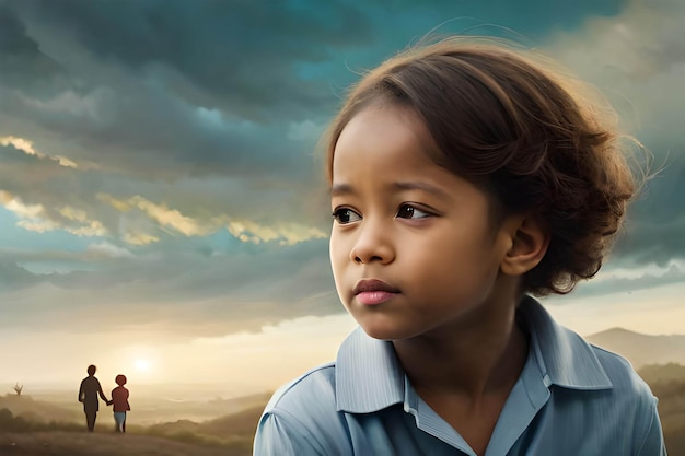 A girl stands in front of a cloudy sky