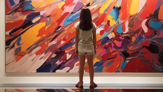 a girl stands in front of a colorful painting that says  art