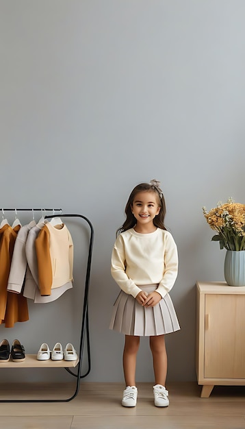 Photo a girl stands in front of a hanger with clothes hanging on a hanger