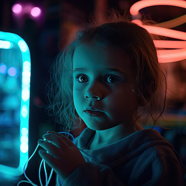 A girl stands in front of a neon sign that says'the word'on it '