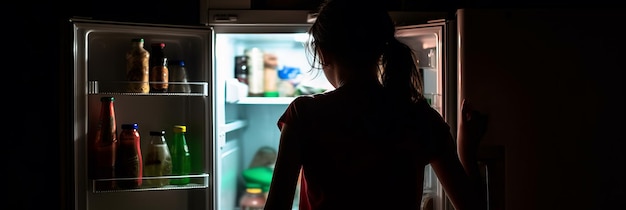 The girl stands in front of the open door of the refrigerator Generative AI