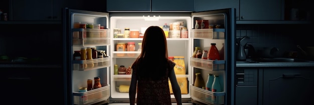 The girl stands in front of the open door of the refrigerator Generative AI