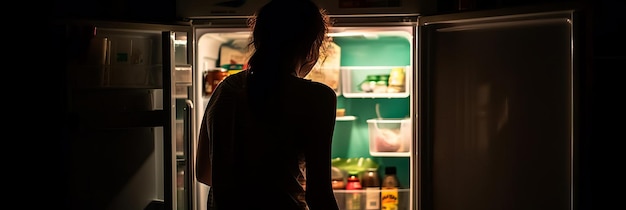 The girl stands in front of the open door of the refrigerator Generative AI