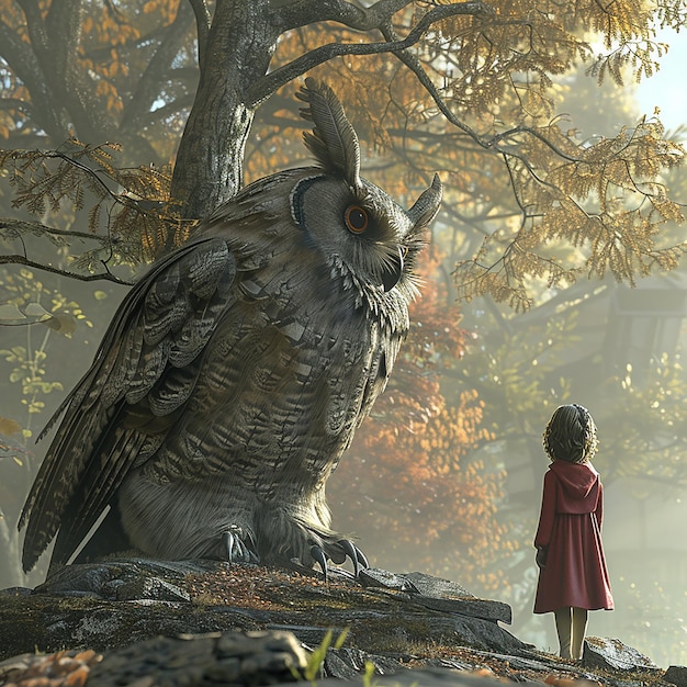 a girl stands in front of an owl with a girl in a red dress