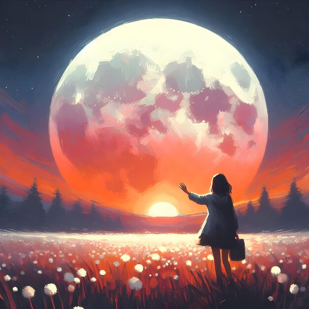 a girl stands in front of a sunset with a moon and clouds in the background