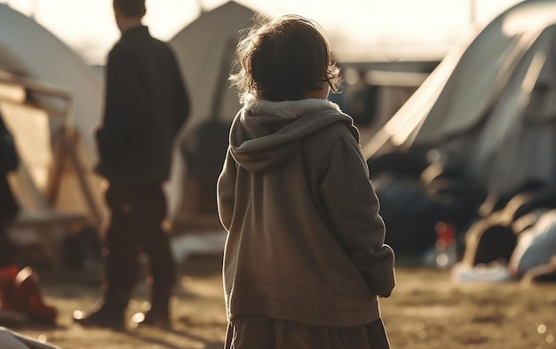 A girl stands in front of a tent with a man in the background