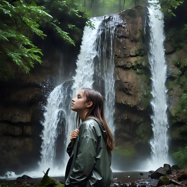 a girl stands in front of a waterfall with a waterfall in the background