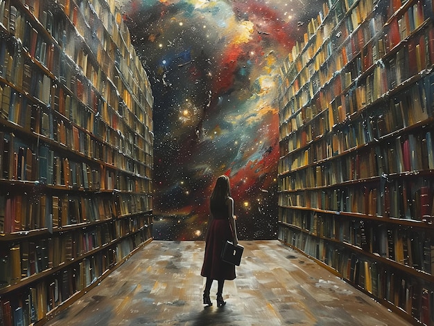 a girl stands in a library with the words  the universe  on the wall