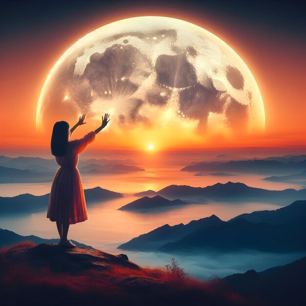 a girl stands on a mountain with a moon in the background