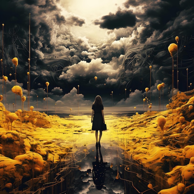 A girl stands in a puddle of water with balloons floating in the sky.