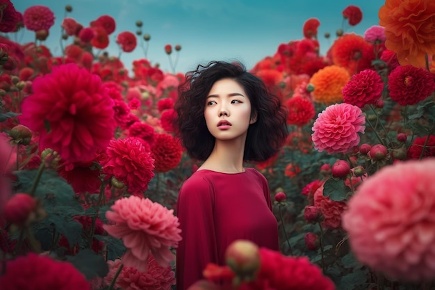 Girl stands red flowers Flower field Generate Ai