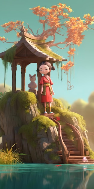 A girl stands on a rock in front of a house with a cat on it.