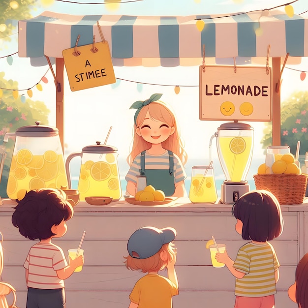 a girl stands behind a sign that says lemonade