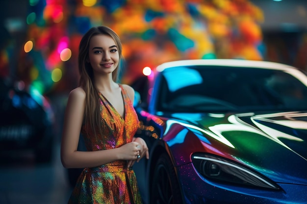 A girl stands next to a sports car