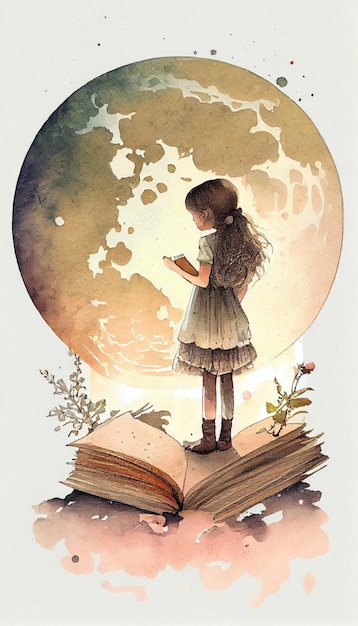 A girl stands on a stack of books with the moon in the background.