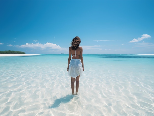 The girl stands in the water against the backdrop of the azure ocean Generative AI