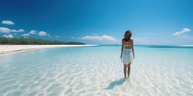 The girl stands in the water against the backdrop of the azure ocean Generative AI