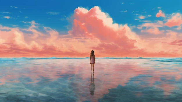 A girl stands in the water looking at the sunset.