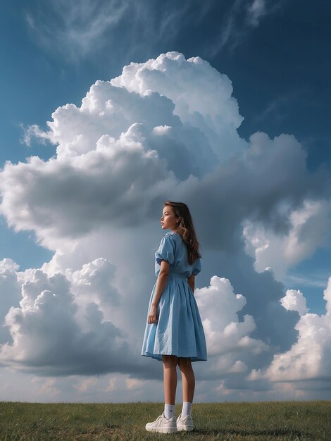 A girl stands with clouds around her