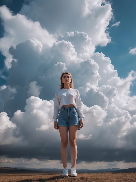 A girl stands with clouds around her