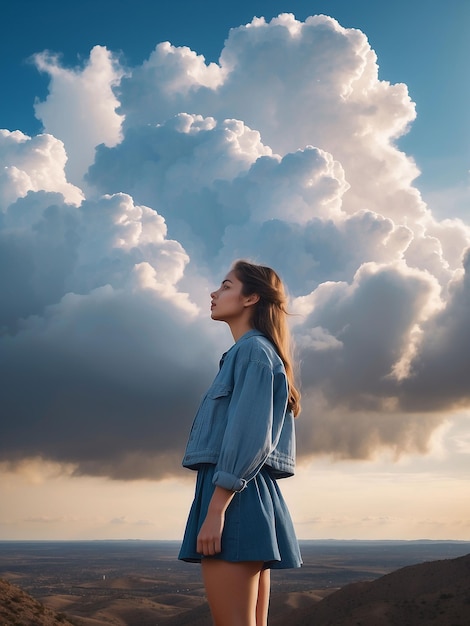 A girl stands with clouds around her