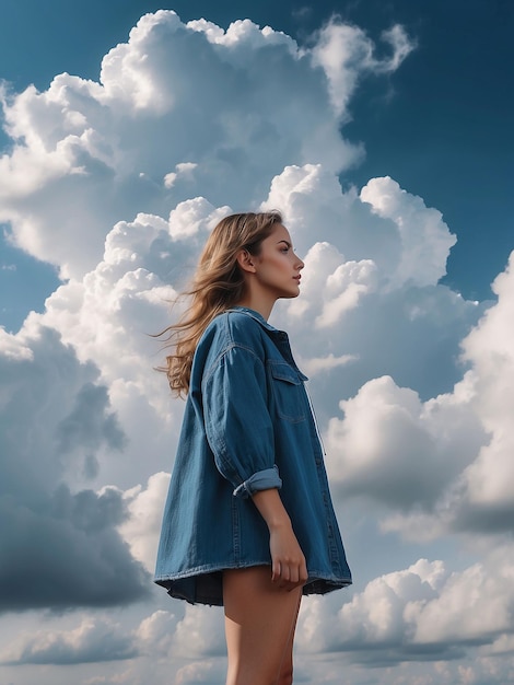 A girl stands with clouds around her