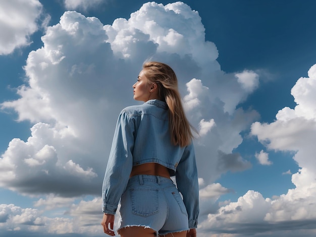 A girl stands with clouds around her