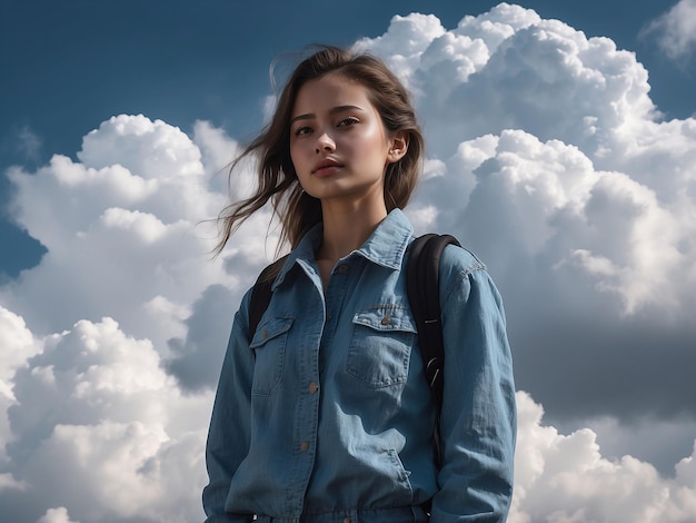 A girl stands with clouds around her